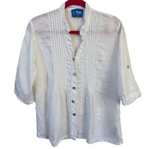 Y'AM Capri Linen Button Up Shirt‎ White Sz M Pintuck Italy Cottage Resort Boho